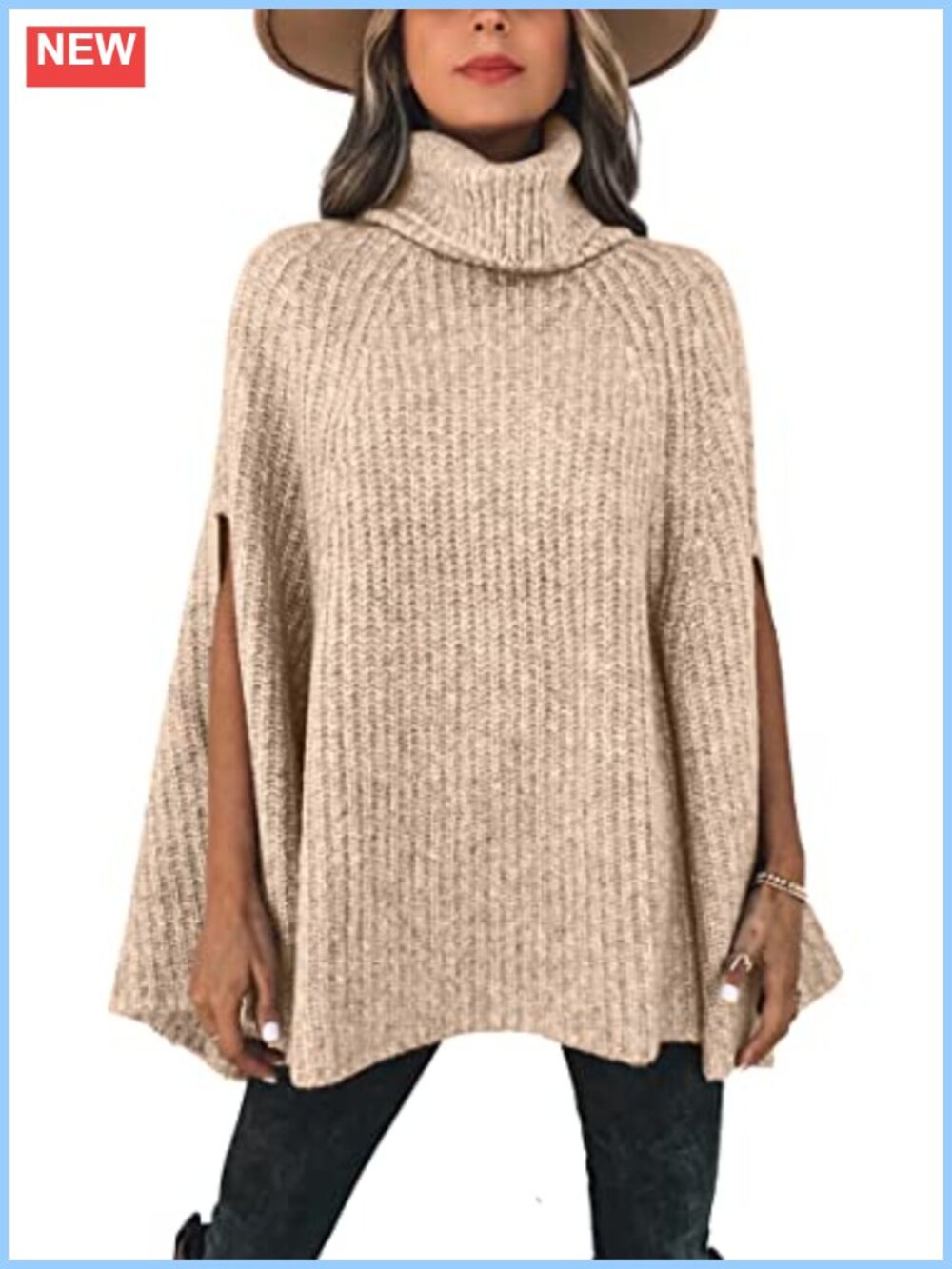 Womens Chunky Knit Turtleneck Poncho Sweater Pullover Cape Relaxed Fit